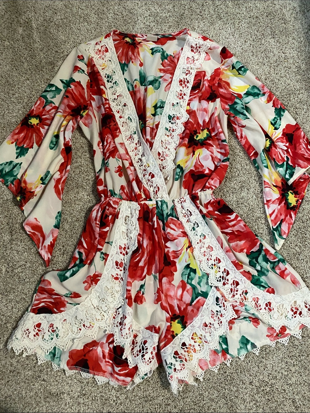 Floral Lace Trim Romper in Cream and Red